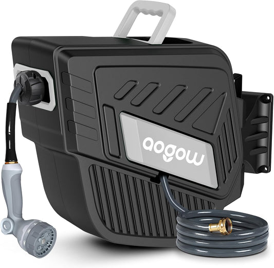 Retractable Garden Hose Reel: 1/2 in x 100 ft Wall Mounted Water Hose Reel with 10-Function Nozzle, Hose Reels for Outside, Any Length Lock, Brass Fittings, Slow Auto Rewind & 180° Swivel