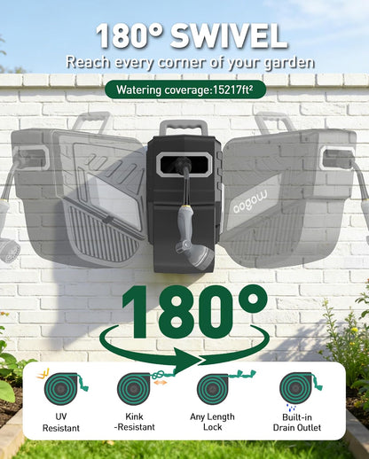 Retractable Garden Hose Reel: 1/2 in x 100 ft Wall Mounted Water Hose Reel with 10-Function Nozzle, Hose Reels for Outside, Any Length Lock, Brass Fittings, Slow Auto Rewind & 180° Swivel