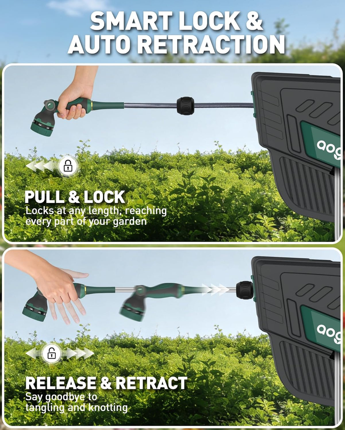 Retractable Garden Hose Reel: 1/2 in x 100 ft Wall Mounted Water Hose Reel with 10-Function Nozzle, Hose Reels for Outside, Any Length Lock, Brass Fittings, Slow Auto Rewind & 180° Swivel