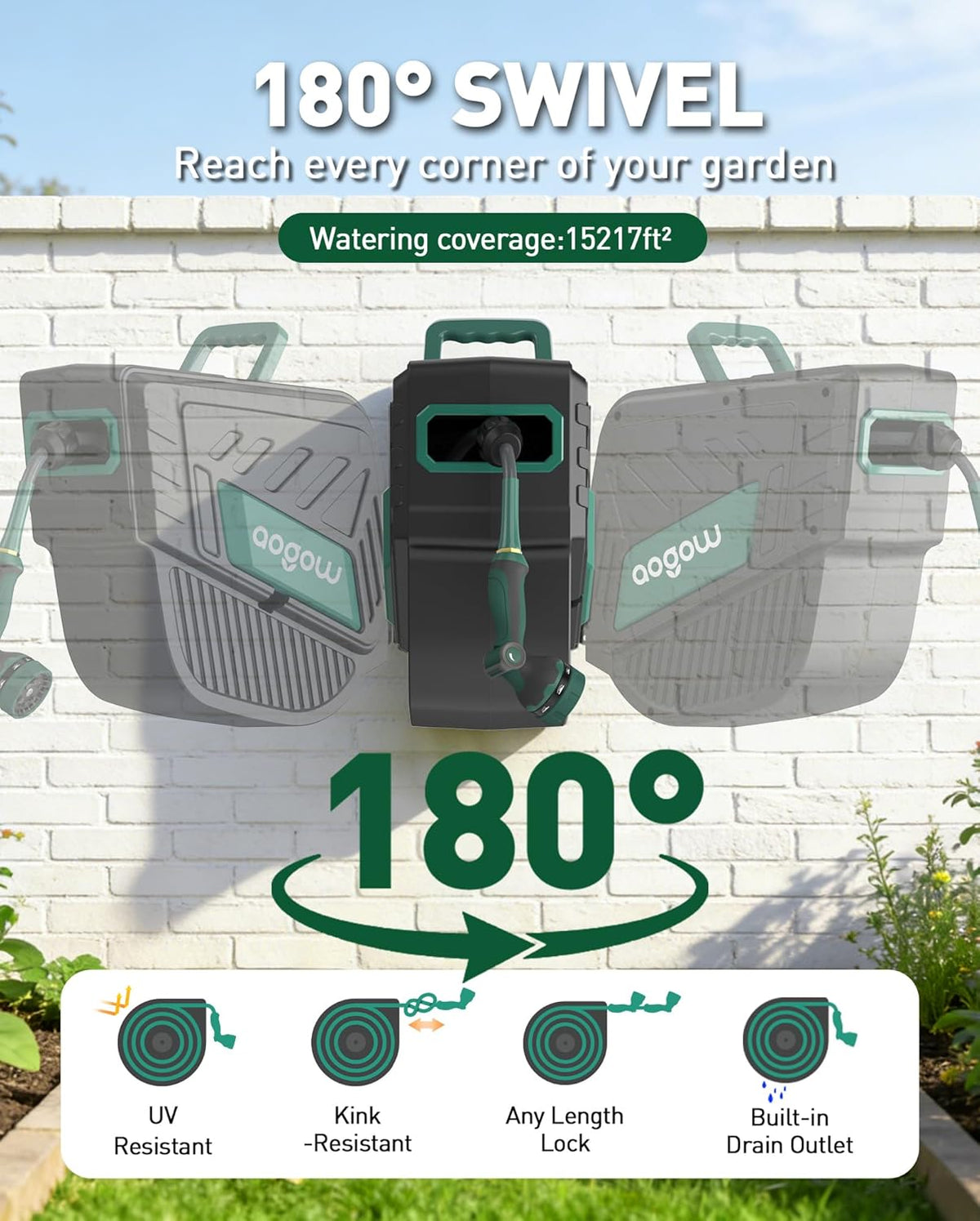 Retractable Garden Hose Reel: 1/2 in x 100 ft Wall Mounted Water Hose Reel with 10-Function Nozzle, Hose Reels for Outside, Any Length Lock, Brass Fittings, Slow Auto Rewind & 180° Swivel