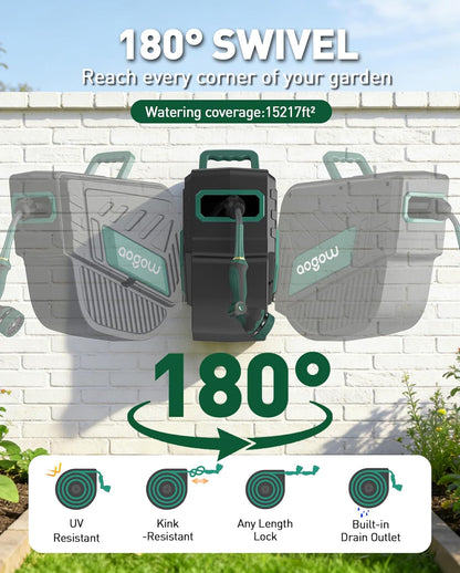 Retractable Garden Hose Reel: 1/2 in x 100 ft Wall Mounted Water Hose Reel with 10-Function Nozzle, Hose Reels for Outside, Any Length Lock, Brass Fittings, Slow Auto Rewind & 180° Swivel