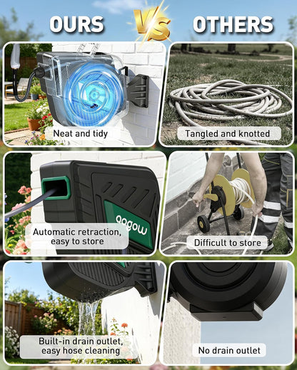 Retractable Garden Hose Reel: 1/2 in x 100 ft Wall Mounted Water Hose Reel with 10-Function Nozzle, Hose Reels for Outside, Any Length Lock, Brass Fittings, Slow Auto Rewind & 180° Swivel