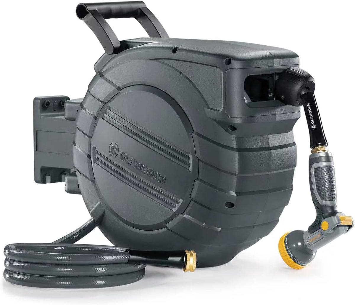 GLAHODEN Retractable Garden Hose Reel 1/2 in x 130 ft, 2025 Upgraded Dual Ratchet Lock UV & Freeze Protection Brass Seal Slow Retraction Anti-Tangle Hose 180°Swivel Reinforced Scaffold Wall Mount