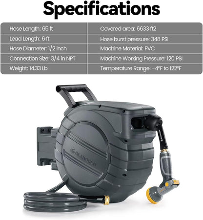 GLAHODEN Retractable Garden Hose Reel 1/2 in x 130 ft, 2025 Upgraded Dual Ratchet Lock UV & Freeze Protection Brass Seal Slow Retraction Anti-Tangle Hose 180°Swivel Reinforced Scaffold Wall Mount