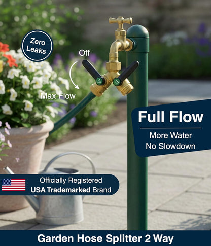 ® Garden Hose Splitter 2 Way, Full Flow Solid Brass | 2026 Model