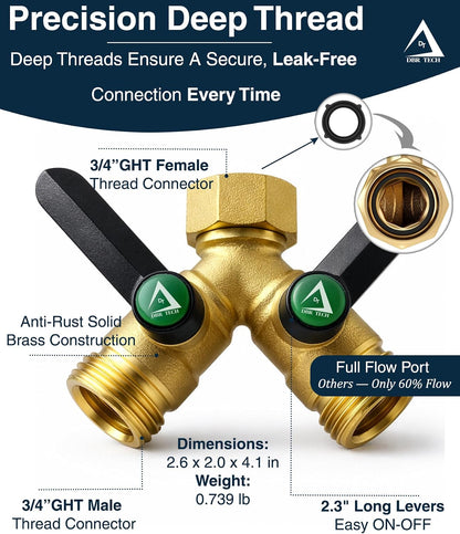 ® Garden Hose Splitter 2 Way, Full Flow Solid Brass | 2026 Model