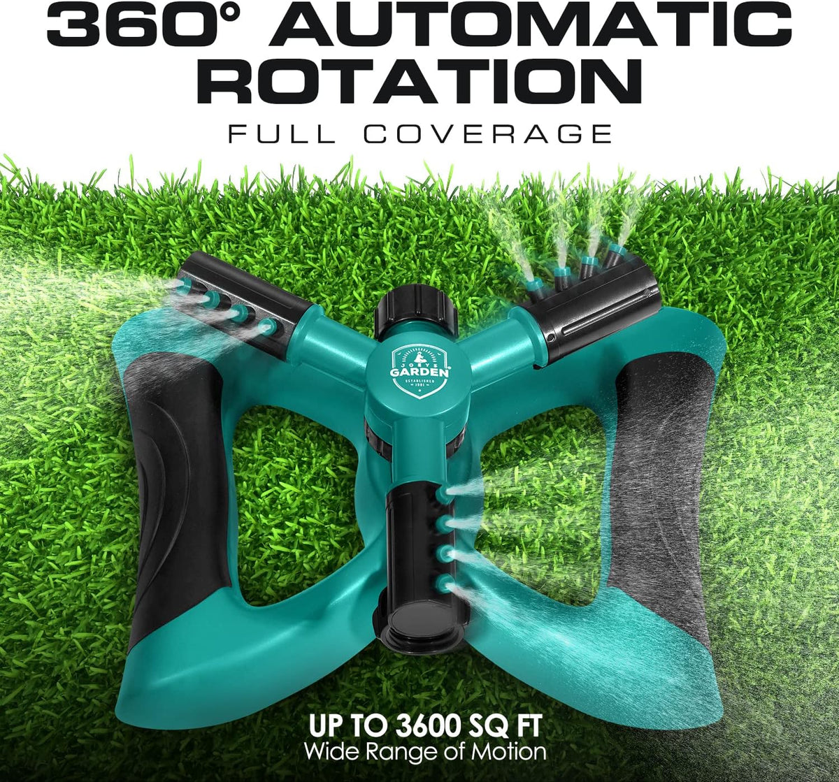 Joeys Sprinkler for Yard, Rotating Garden Sprinkler with 3 Adjustable Arms, Weighted Base, Expandable Connection, Lawn and Yard Sprinklers (Green)