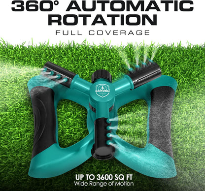 Joeys Sprinkler for Yard, Rotating Garden Sprinkler with 3 Adjustable Arms, Weighted Base, Expandable Connection, Lawn and Yard Sprinklers (Green)