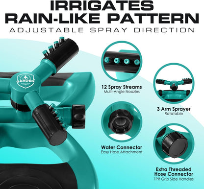 Joeys Sprinkler for Yard, Rotating Garden Sprinkler with 3 Adjustable Arms, Weighted Base, Expandable Connection, Lawn and Yard Sprinklers (Green)