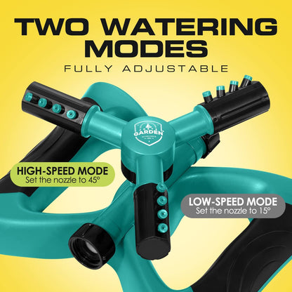Joeys Sprinkler for Yard, Rotating Garden Sprinkler with 3 Adjustable Arms, Weighted Base, Expandable Connection, Lawn and Yard Sprinklers (Green)