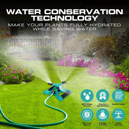 Joeys Sprinkler for Yard, Rotating Garden Sprinkler with 3 Adjustable Arms, Weighted Base, Expandable Connection, Lawn and Yard Sprinklers (Green)