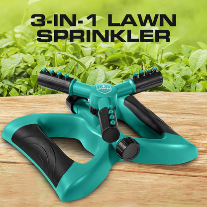 Joeys Sprinkler for Yard, Rotating Garden Sprinkler with 3 Adjustable Arms, Weighted Base, Expandable Connection, Lawn and Yard Sprinklers (Green)