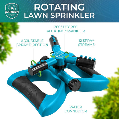 Joeys Sprinkler for Yard, Rotating Garden Sprinkler with 3 Adjustable Arms, Weighted Base, Expandable Connection, Lawn and Yard Sprinklers (Green)