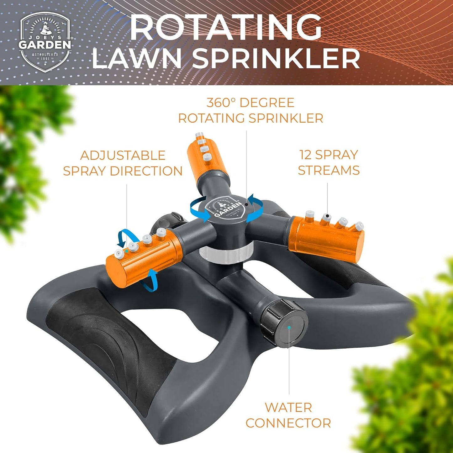 Joeys Sprinkler for Yard, Rotating Garden Sprinkler with 3 Adjustable Arms, Weighted Base, Expandable Connection, Lawn and Yard Sprinklers (Green)