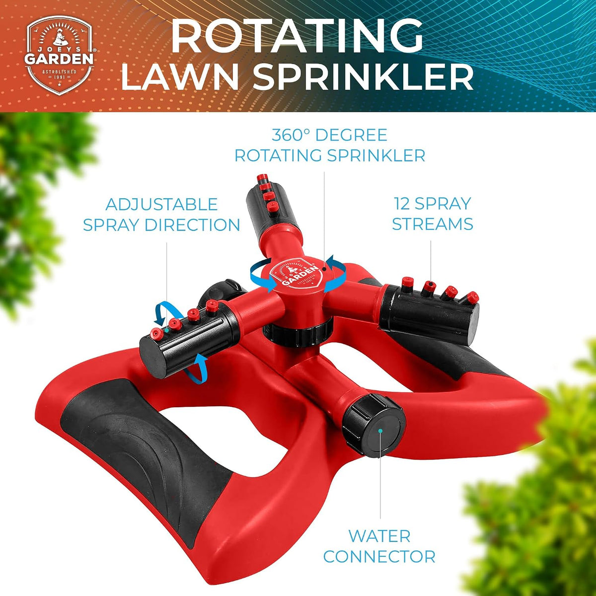 Joeys Sprinkler for Yard, Rotating Garden Sprinkler with 3 Adjustable Arms, Weighted Base, Expandable Connection, Lawn and Yard Sprinklers (Green)