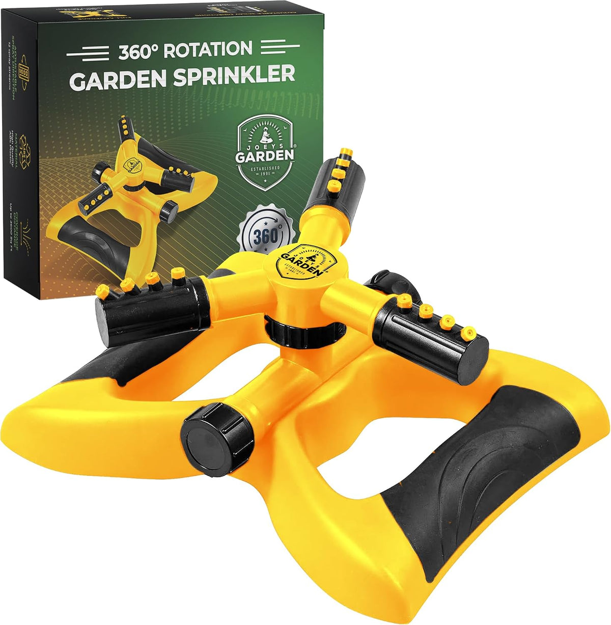 Joeys Sprinkler for Yard, Rotating Garden Sprinkler with 3 Adjustable Arms, Weighted Base, Expandable Connection, Lawn and Yard Sprinklers (Green)