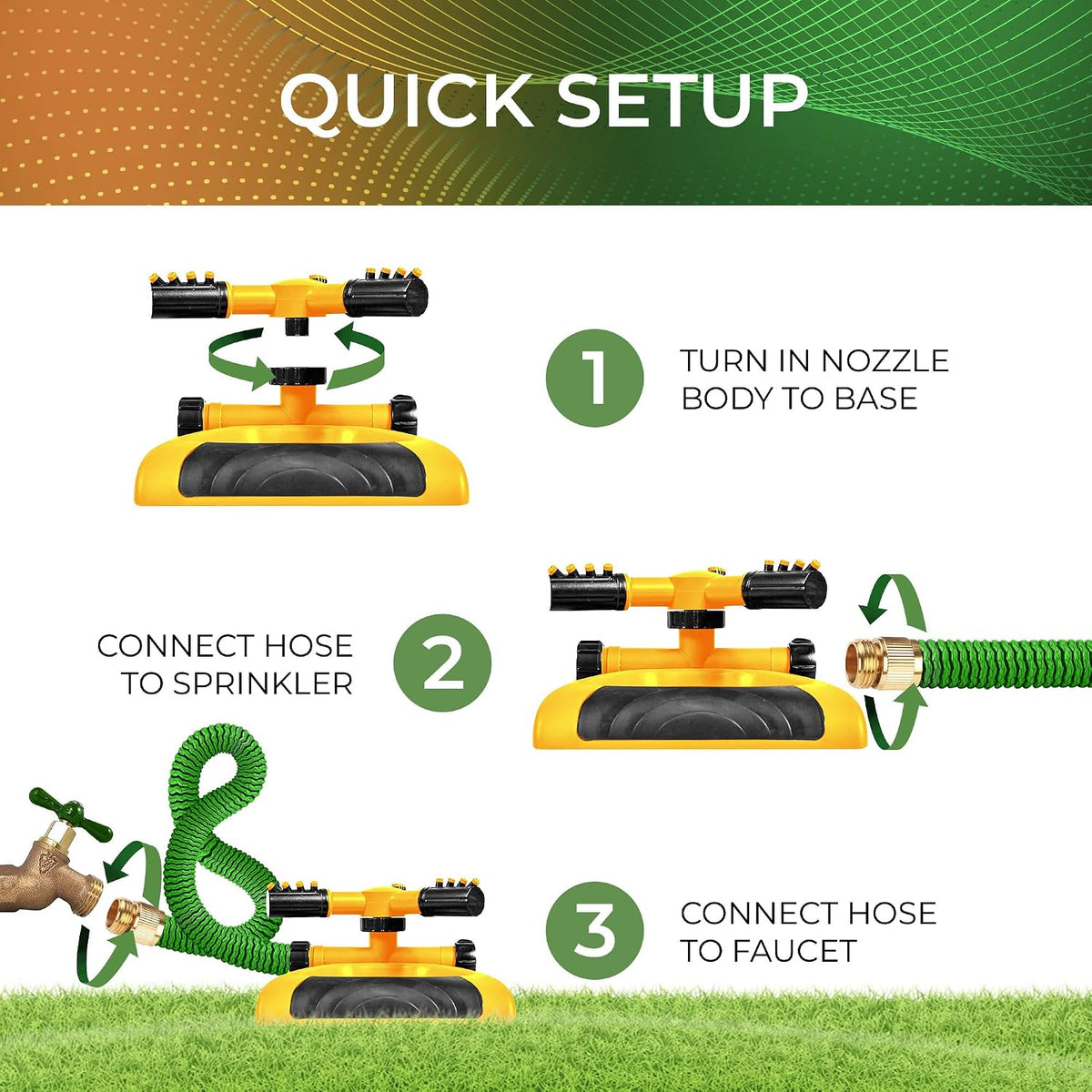 Joeys Sprinkler for Yard, Rotating Garden Sprinkler with 3 Adjustable Arms, Weighted Base, Expandable Connection, Lawn and Yard Sprinklers (Green)