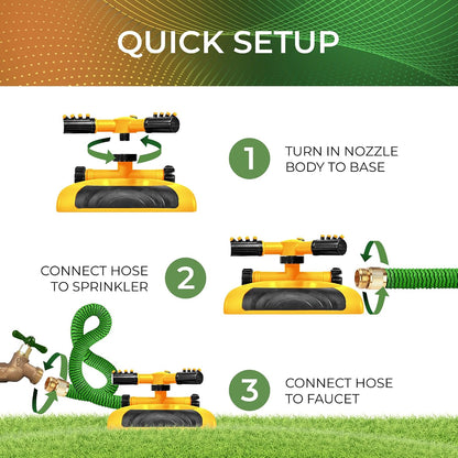 Joeys Sprinkler for Yard, Rotating Garden Sprinkler with 3 Adjustable Arms, Weighted Base, Expandable Connection, Lawn and Yard Sprinklers (Green)
