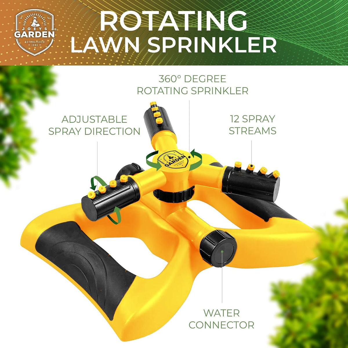 Joeys Sprinkler for Yard, Rotating Garden Sprinkler with 3 Adjustable Arms, Weighted Base, Expandable Connection, Lawn and Yard Sprinklers (Green)