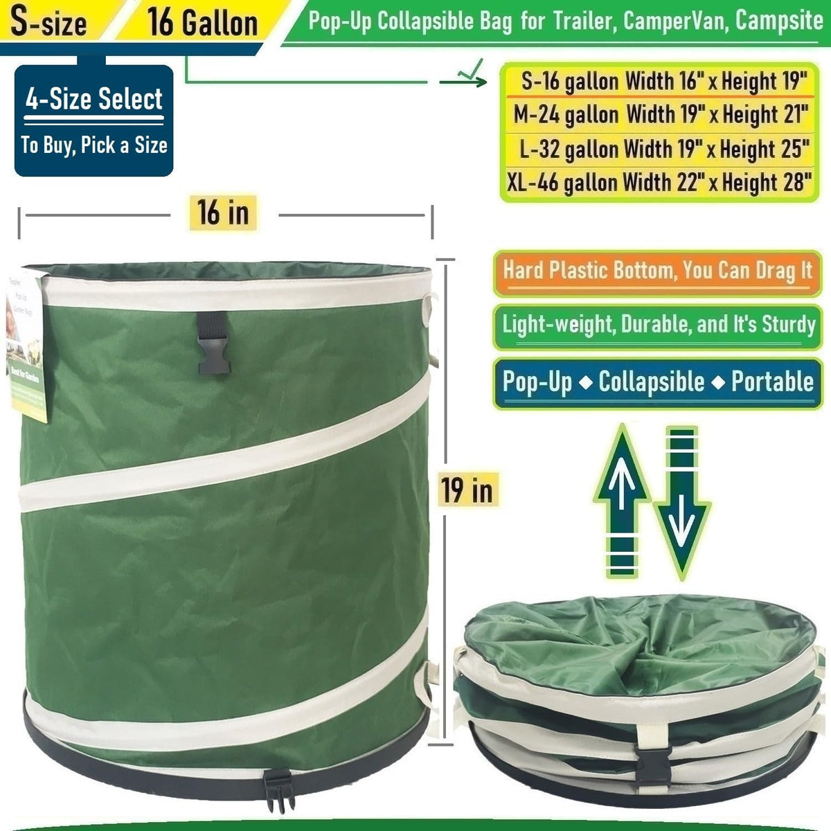 16-Gallon Collapsible Trash Can (16x19 in) Hard-Shell Bottom Yard Garden Bag,Pop-Up Trash Can,RV Camping Waste Bag,Recycling Bin,Laundry Hamper,Leaf Bags,Yard Waste Container,Lawn Grass,Weeds Basket