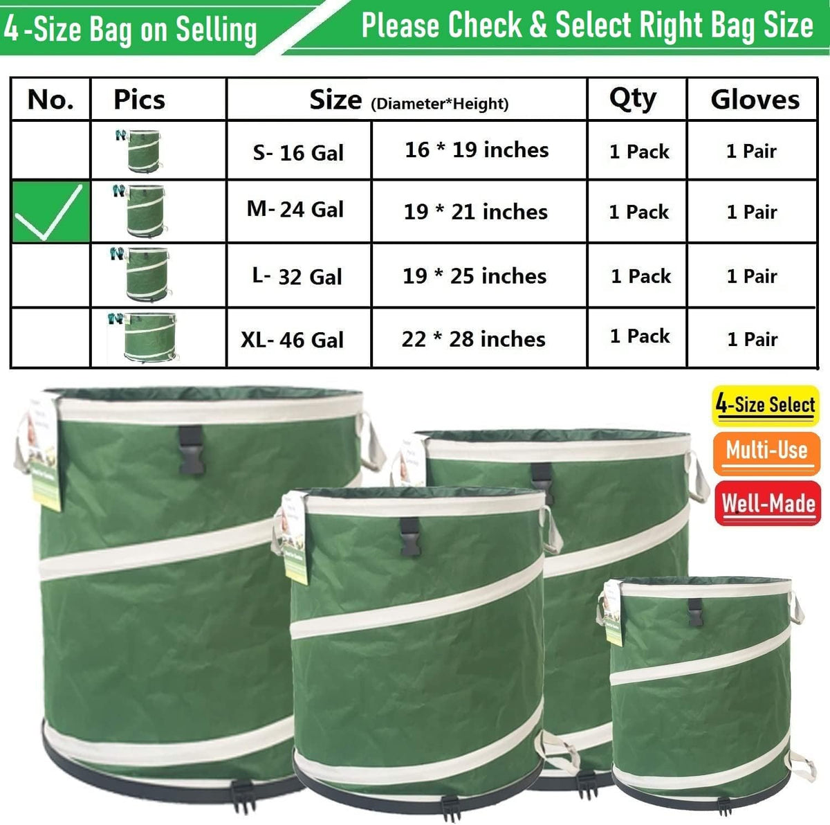 16-Gallon Collapsible Trash Can (16x19 in) Hard-Shell Bottom Yard Garden Bag,Pop-Up Trash Can,RV Camping Waste Bag,Recycling Bin,Laundry Hamper,Leaf Bags,Yard Waste Container,Lawn Grass,Weeds Basket