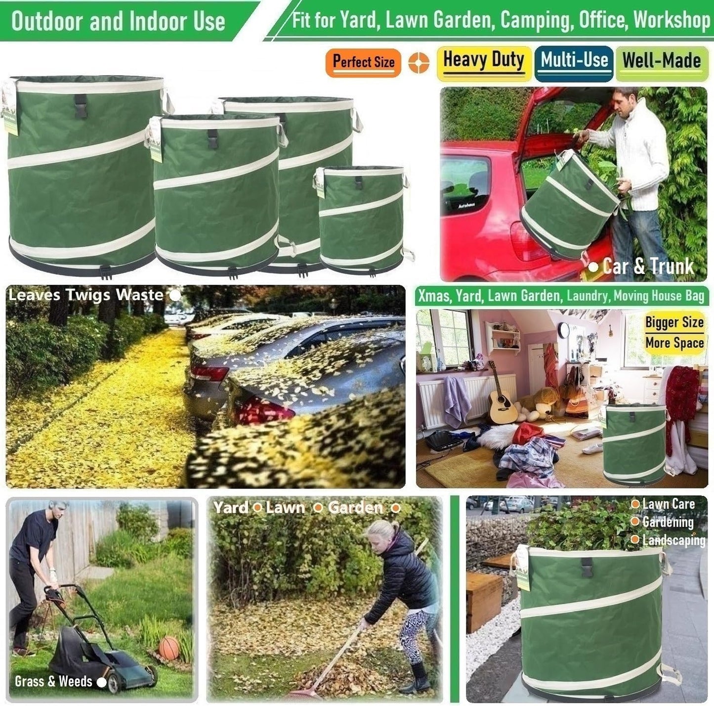 16-Gallon Collapsible Trash Can (16x19 in) Hard-Shell Bottom Yard Garden Bag,Pop-Up Trash Can,RV Camping Waste Bag,Recycling Bin,Laundry Hamper,Leaf Bags,Yard Waste Container,Lawn Grass,Weeds Basket