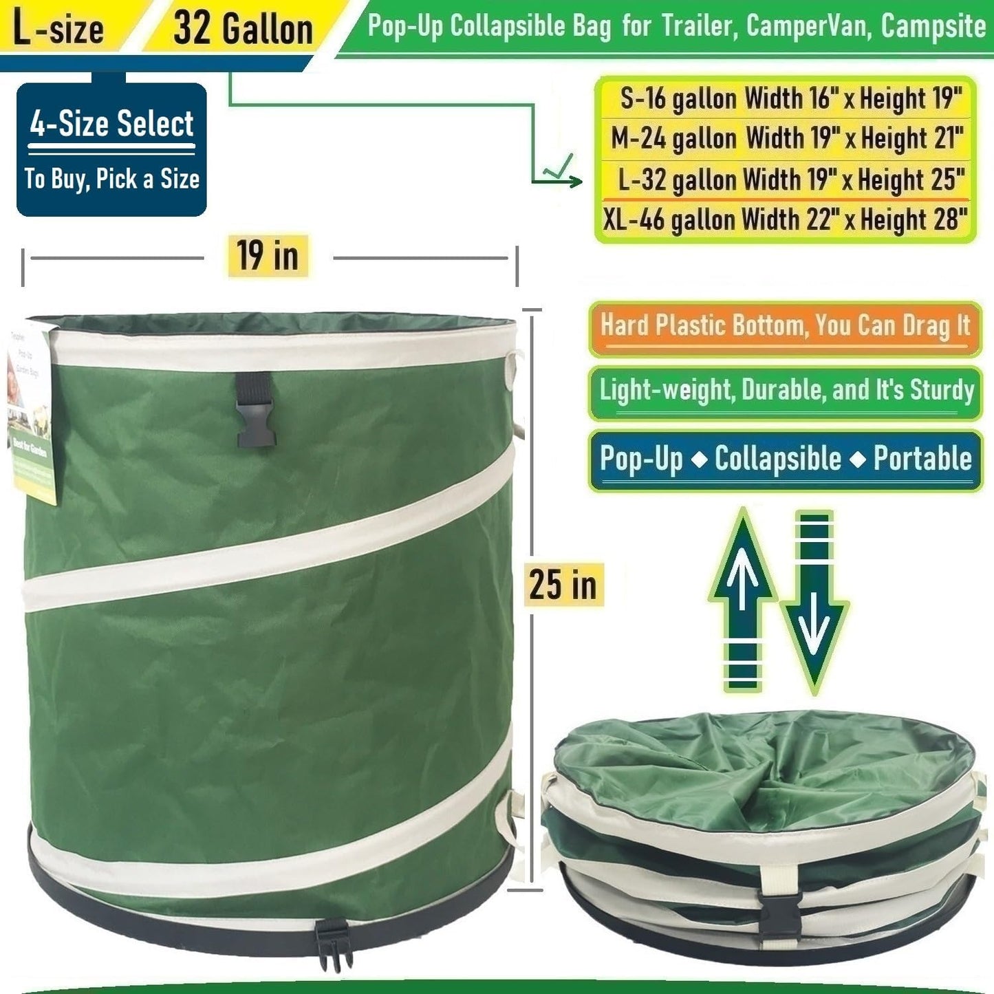 16-Gallon Collapsible Trash Can (16x19 in) Hard-Shell Bottom Yard Garden Bag,Pop-Up Trash Can,RV Camping Waste Bag,Recycling Bin,Laundry Hamper,Leaf Bags,Yard Waste Container,Lawn Grass,Weeds Basket