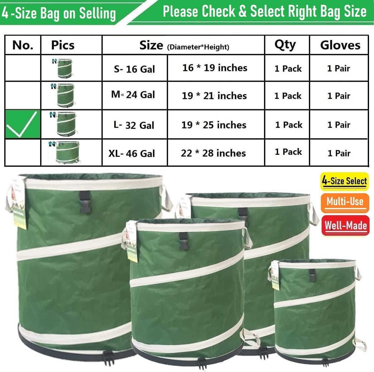 16-Gallon Collapsible Trash Can (16x19 in) Hard-Shell Bottom Yard Garden Bag,Pop-Up Trash Can,RV Camping Waste Bag,Recycling Bin,Laundry Hamper,Leaf Bags,Yard Waste Container,Lawn Grass,Weeds Basket