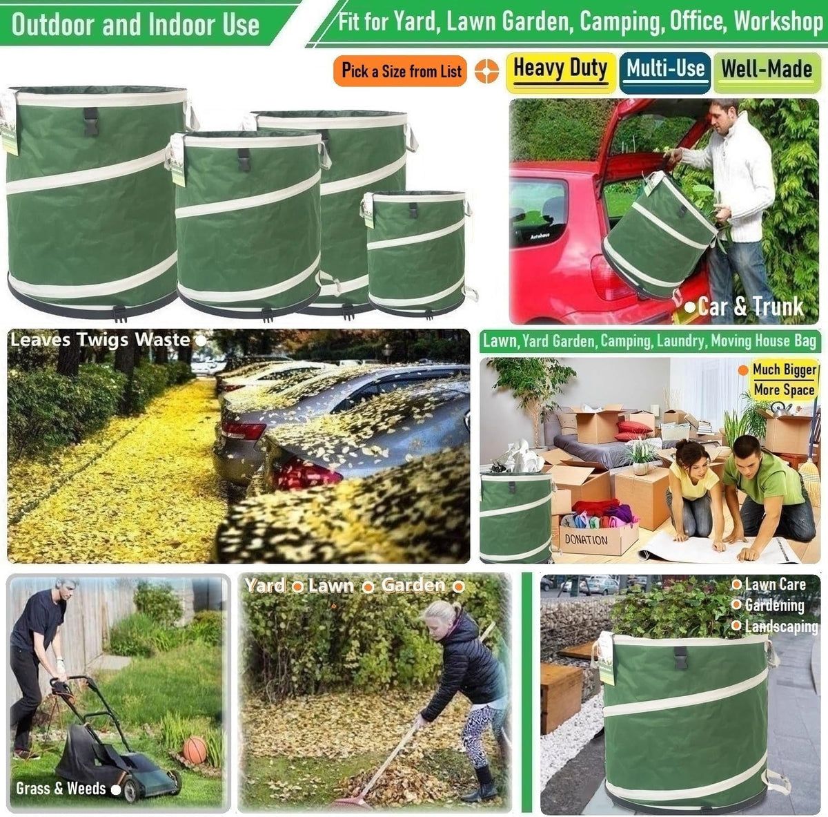 16-Gallon Collapsible Trash Can (16x19 in) Hard-Shell Bottom Yard Garden Bag,Pop-Up Trash Can,RV Camping Waste Bag,Recycling Bin,Laundry Hamper,Leaf Bags,Yard Waste Container,Lawn Grass,Weeds Basket