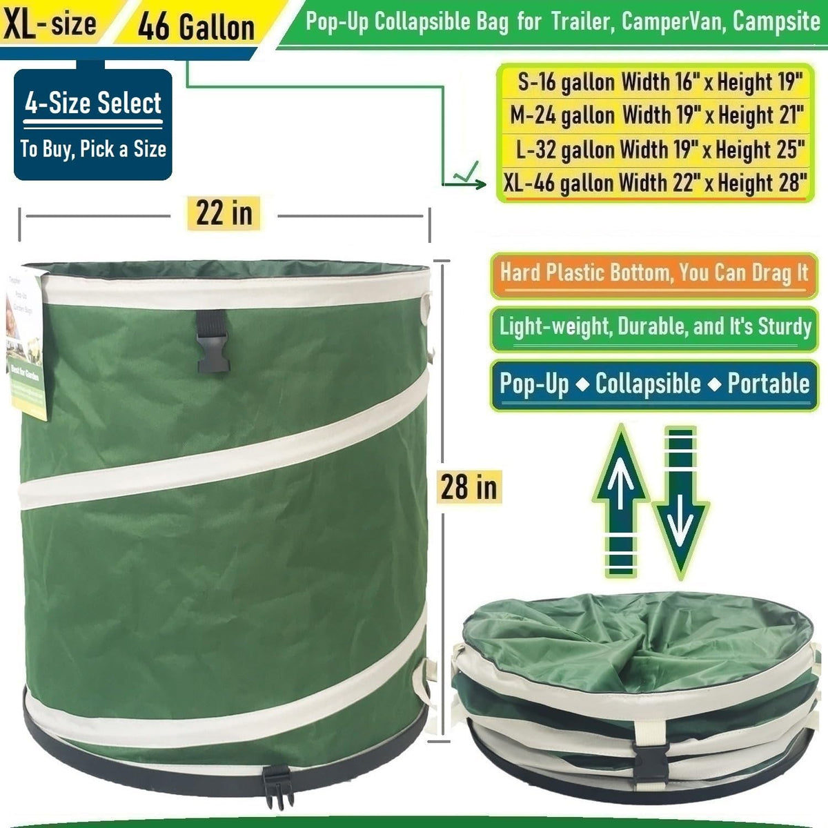 16-Gallon Collapsible Trash Can (16x19 in) Hard-Shell Bottom Yard Garden Bag,Pop-Up Trash Can,RV Camping Waste Bag,Recycling Bin,Laundry Hamper,Leaf Bags,Yard Waste Container,Lawn Grass,Weeds Basket