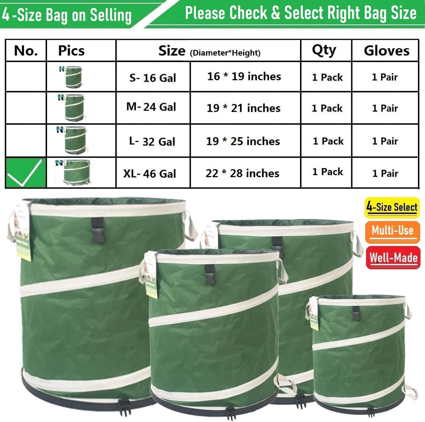 16-Gallon Collapsible Trash Can (16x19 in) Hard-Shell Bottom Yard Garden Bag,Pop-Up Trash Can,RV Camping Waste Bag,Recycling Bin,Laundry Hamper,Leaf Bags,Yard Waste Container,Lawn Grass,Weeds Basket