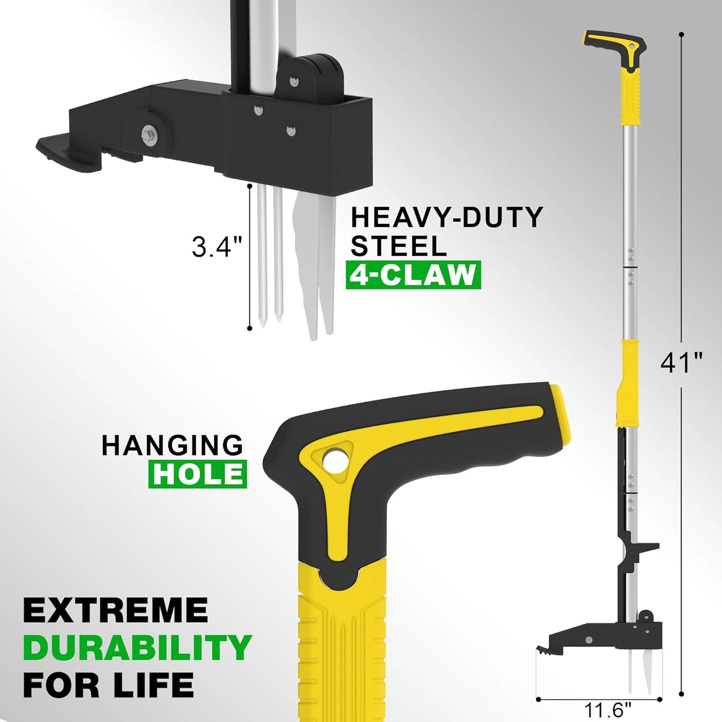 Stand Up Weed Puller Tool, 41" Heavy Duty Manual Garden Tools with Eject Mechanism Long Handle Weed Removal Tool with 4 Claw Steel Head for Yard Dandelion Crabgrass