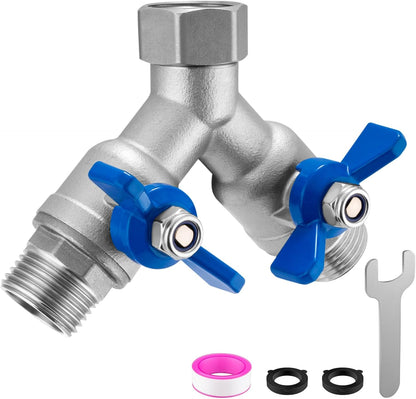 304 Stainless Steel Garden Hose Splitter 2 Way Heavy Duty Water Hose Splitter 3/4" GHT Hose Y Splitter with Shutoff Full Flow Outdoor Faucet Splitter With Wrench