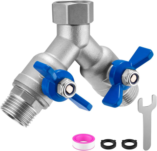 304 Stainless Steel Garden Hose Splitter 2 Way Heavy Duty Water Hose Splitter 3/4" GHT Hose Y Splitter with Shutoff Full Flow Outdoor Faucet Splitter With Wrench