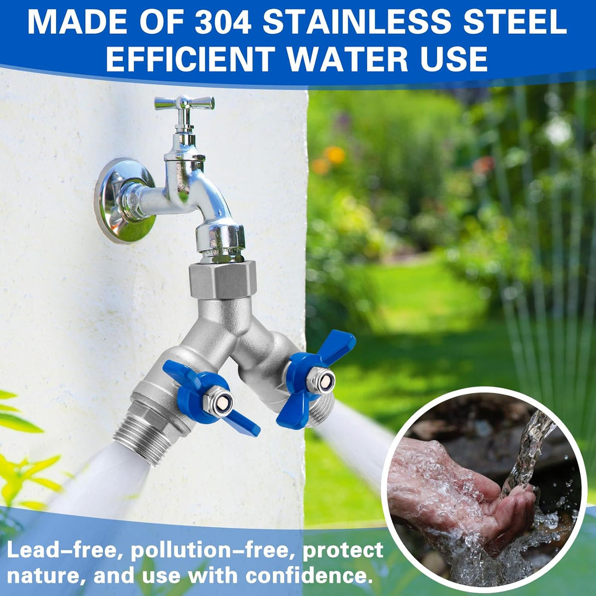 304 Stainless Steel Garden Hose Splitter 2 Way Heavy Duty Water Hose Splitter 3/4" GHT Hose Y Splitter with Shutoff Full Flow Outdoor Faucet Splitter With Wrench