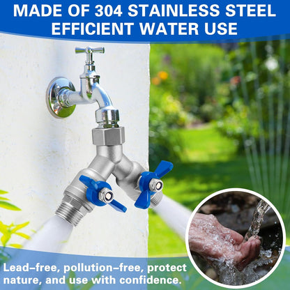 304 Stainless Steel Garden Hose Splitter 2 Way Heavy Duty Water Hose Splitter 3/4" GHT Hose Y Splitter with Shutoff Full Flow Outdoor Faucet Splitter With Wrench