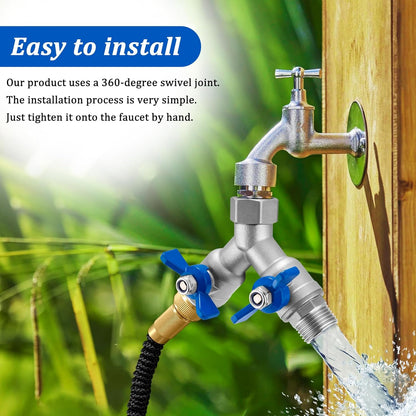 304 Stainless Steel Garden Hose Splitter 2 Way Heavy Duty Water Hose Splitter 3/4" GHT Hose Y Splitter with Shutoff Full Flow Outdoor Faucet Splitter With Wrench