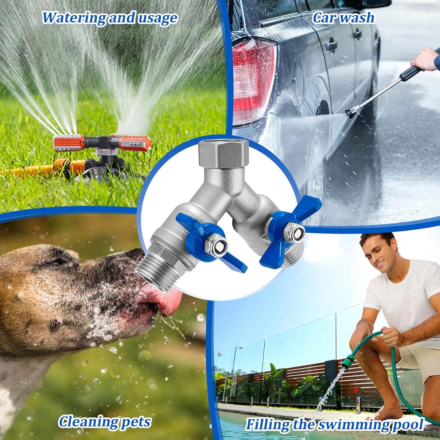 304 Stainless Steel Garden Hose Splitter 2 Way Heavy Duty Water Hose Splitter 3/4" GHT Hose Y Splitter with Shutoff Full Flow Outdoor Faucet Splitter With Wrench