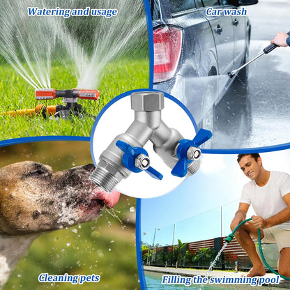 304 Stainless Steel Garden Hose Splitter 2 Way Heavy Duty Water Hose Splitter 3/4" GHT Hose Y Splitter with Shutoff Full Flow Outdoor Faucet Splitter With Wrench
