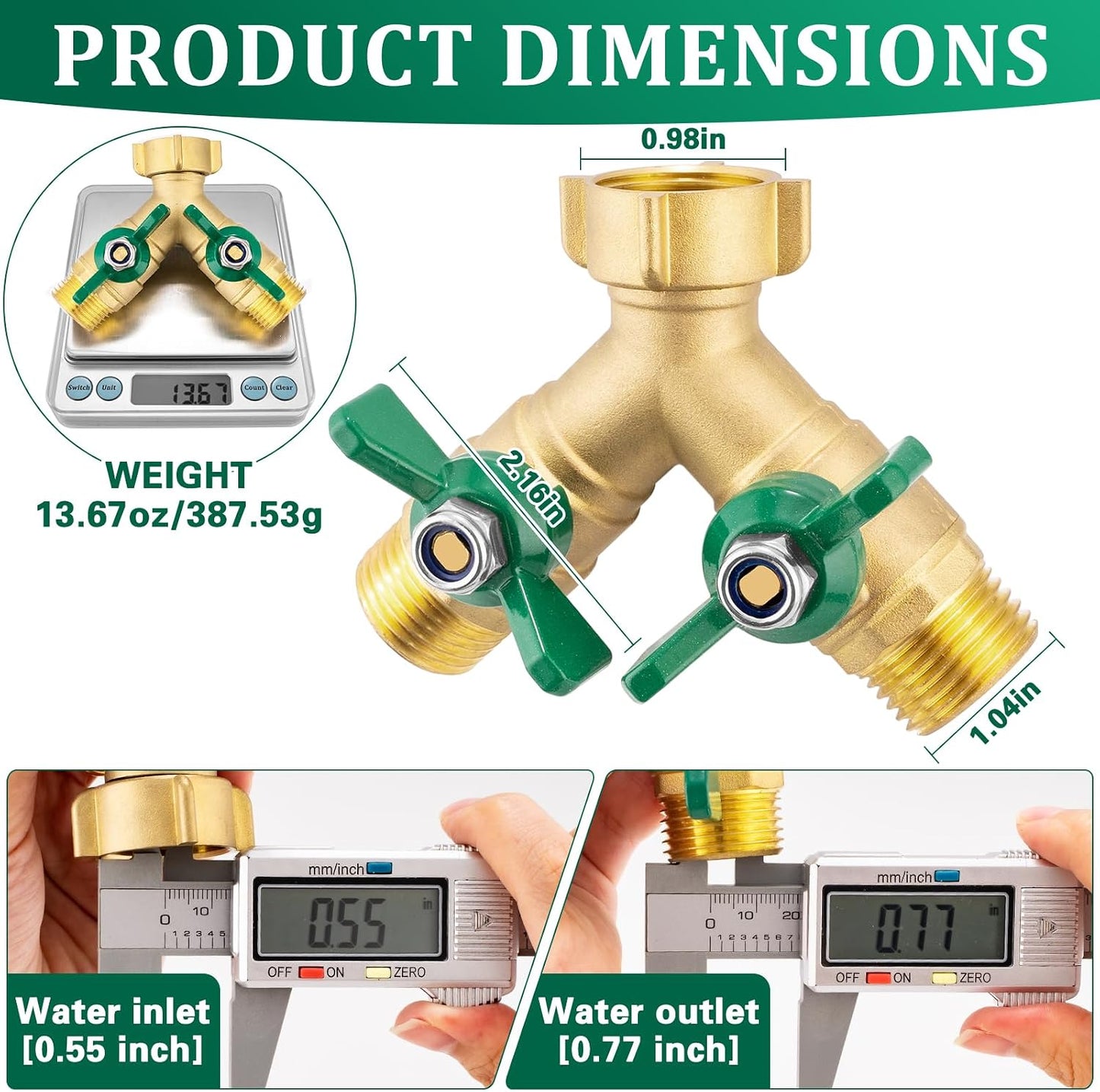 304 Stainless Steel Garden Hose Splitter 2 Way Heavy Duty Water Hose Splitter 3/4" GHT Hose Y Splitter with Shutoff Full Flow Outdoor Faucet Splitter With Wrench