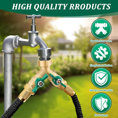 304 Stainless Steel Garden Hose Splitter 2 Way Heavy Duty Water Hose Splitter 3/4" GHT Hose Y Splitter with Shutoff Full Flow Outdoor Faucet Splitter With Wrench