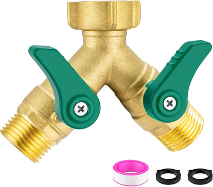 304 Stainless Steel Garden Hose Splitter 2 Way Heavy Duty Water Hose Splitter 3/4" GHT Hose Y Splitter with Shutoff Full Flow Outdoor Faucet Splitter With Wrench