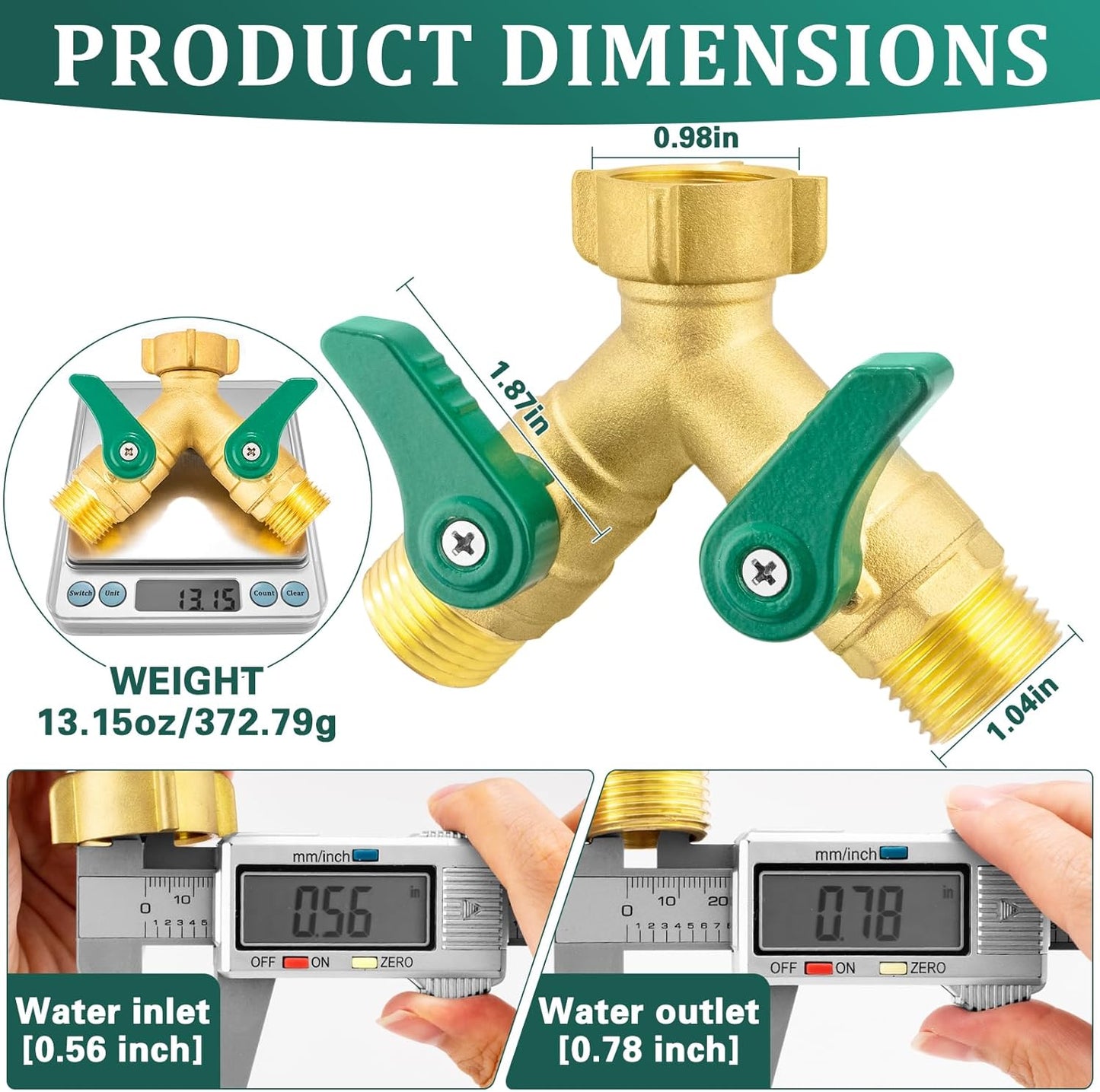 304 Stainless Steel Garden Hose Splitter 2 Way Heavy Duty Water Hose Splitter 3/4" GHT Hose Y Splitter with Shutoff Full Flow Outdoor Faucet Splitter With Wrench