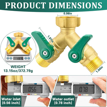 304 Stainless Steel Garden Hose Splitter 2 Way Heavy Duty Water Hose Splitter 3/4" GHT Hose Y Splitter with Shutoff Full Flow Outdoor Faucet Splitter With Wrench