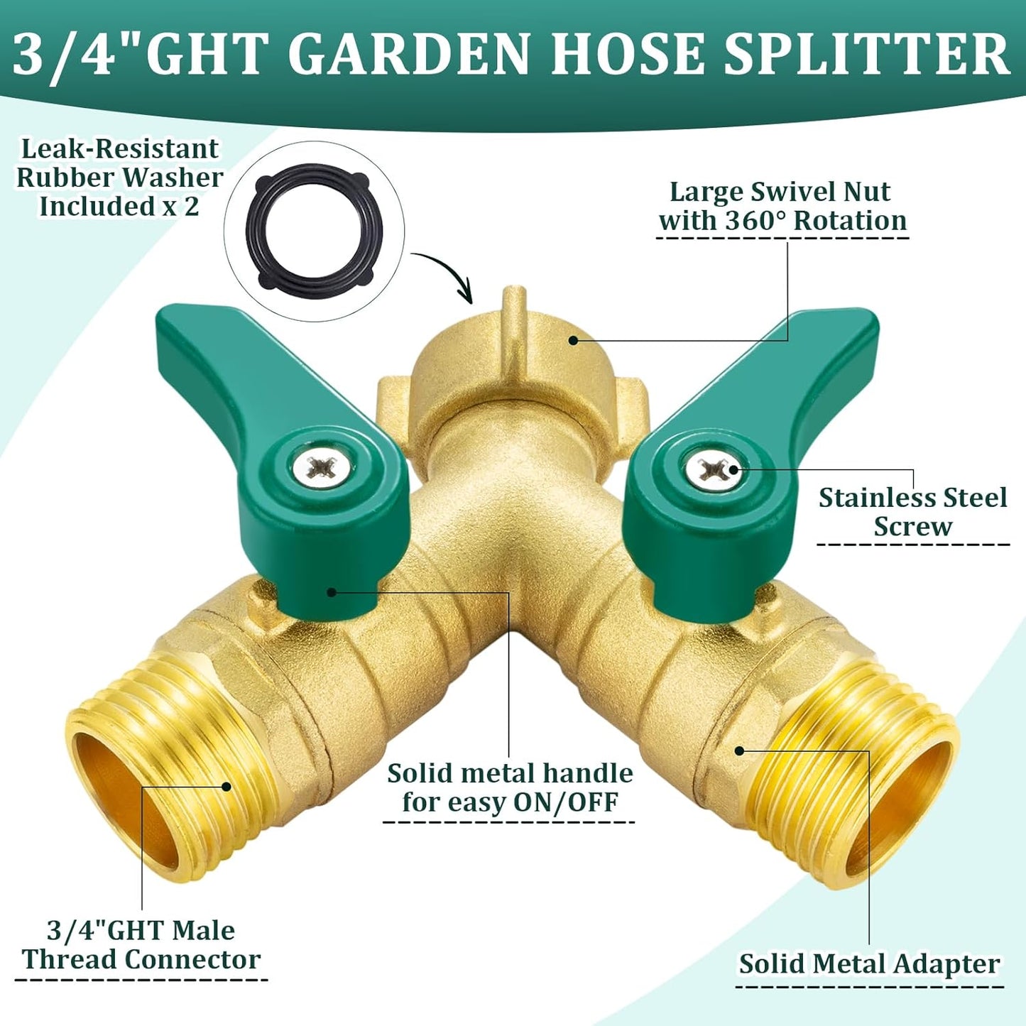 304 Stainless Steel Garden Hose Splitter 2 Way Heavy Duty Water Hose Splitter 3/4" GHT Hose Y Splitter with Shutoff Full Flow Outdoor Faucet Splitter With Wrench