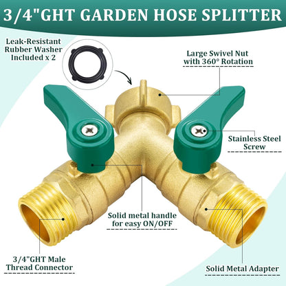 304 Stainless Steel Garden Hose Splitter 2 Way Heavy Duty Water Hose Splitter 3/4" GHT Hose Y Splitter with Shutoff Full Flow Outdoor Faucet Splitter With Wrench