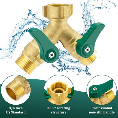 304 Stainless Steel Garden Hose Splitter 2 Way Heavy Duty Water Hose Splitter 3/4" GHT Hose Y Splitter with Shutoff Full Flow Outdoor Faucet Splitter With Wrench