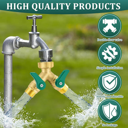 304 Stainless Steel Garden Hose Splitter 2 Way Heavy Duty Water Hose Splitter 3/4" GHT Hose Y Splitter with Shutoff Full Flow Outdoor Faucet Splitter With Wrench