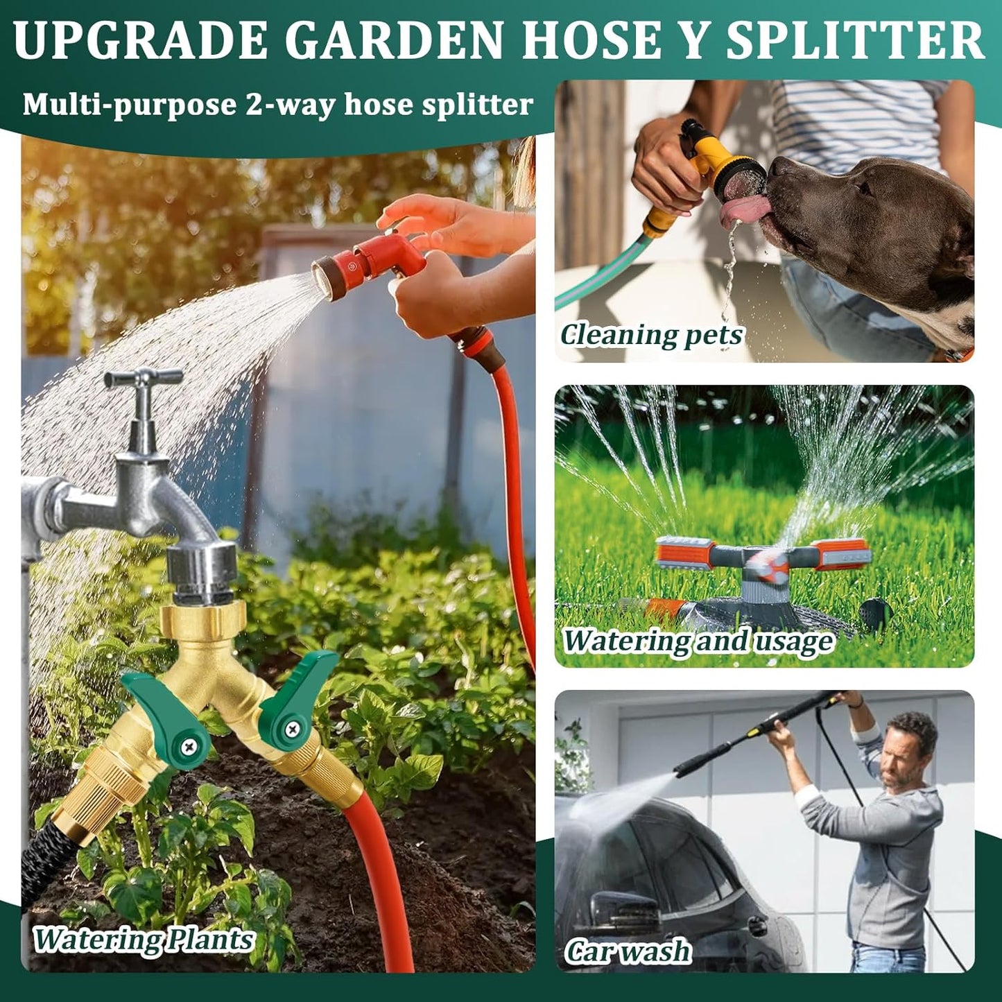 304 Stainless Steel Garden Hose Splitter 2 Way Heavy Duty Water Hose Splitter 3/4" GHT Hose Y Splitter with Shutoff Full Flow Outdoor Faucet Splitter With Wrench