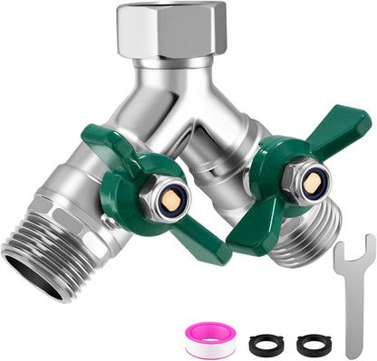 304 Stainless Steel Garden Hose Splitter 2 Way Heavy Duty Water Hose Splitter 3/4" GHT Hose Y Splitter with Shutoff Full Flow Outdoor Faucet Splitter With Wrench